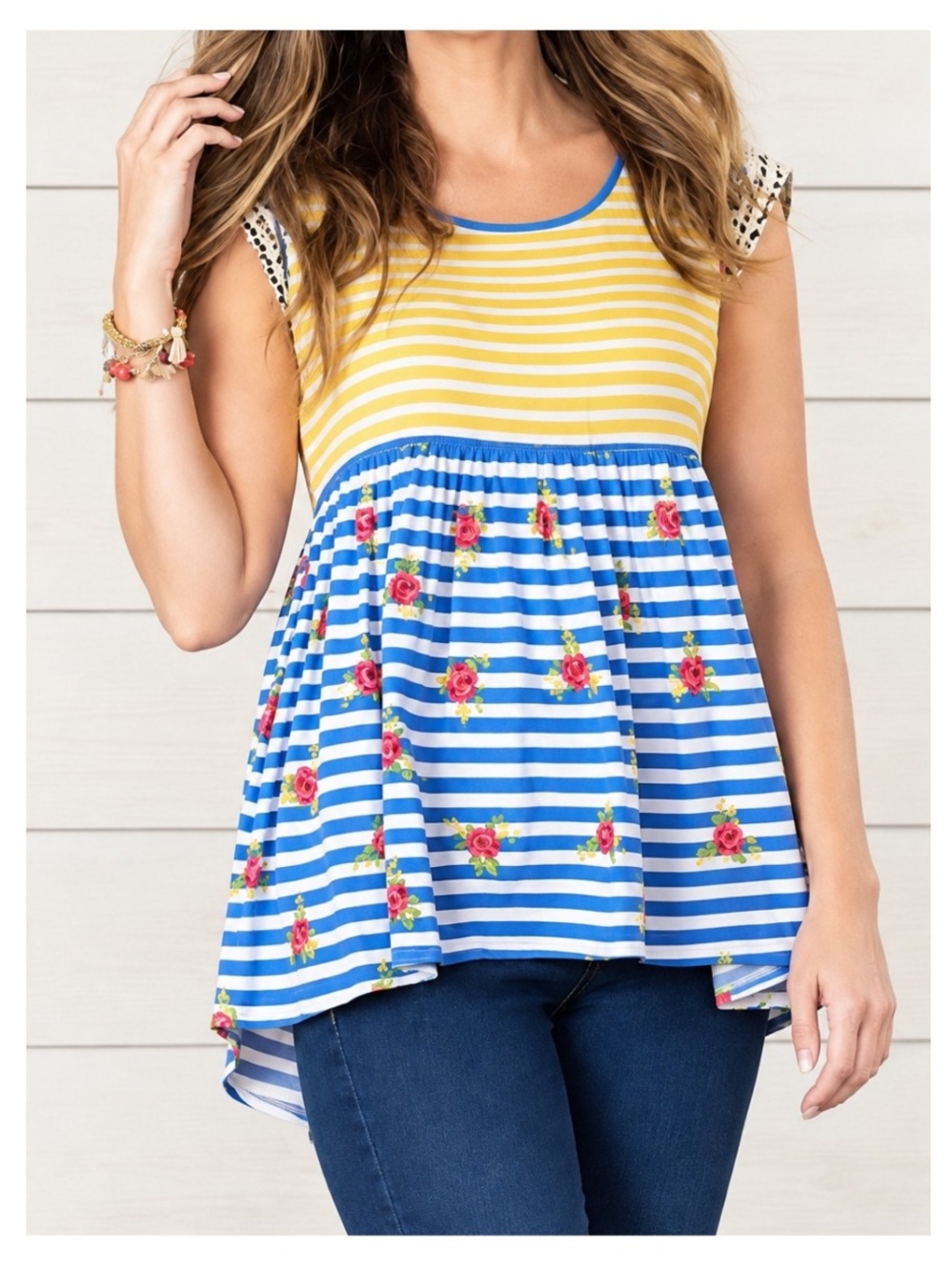 MATILDA JANE On My Mind Cap Sleeve Floral/Striped Tunic in Blue/Yellow XS